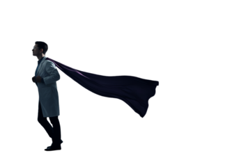 Superhero Doctor Illustration in Silhouette with Flowing Cape Against Dark Background