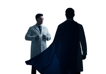 Superhero Doctor Illustration Silhouetted With Blue Cape And Glasses on Black Background