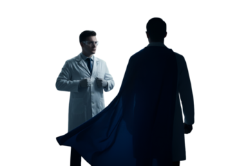 Superhero Doctor Illustration Silhouetted With Blue Cape And Glasses on Black Background