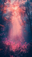 Fototapeta premium Walking Through Forest with Sun Rays and Pink Flowers