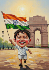 15 august independence day young boy happily running with the indian national flag, india gate landmark in the background, colorful clouds and sun rays, detailed digital illustration
