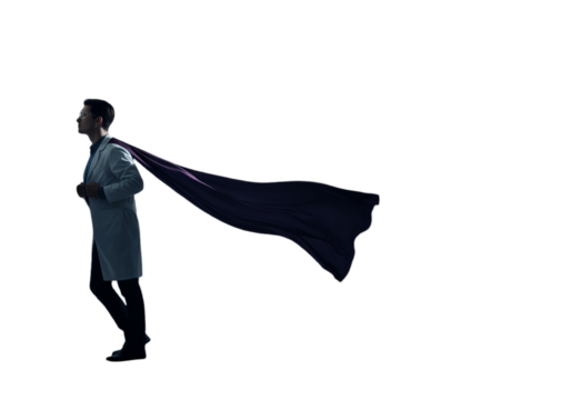 Superhero Doctor Illustration in Silhouette with Flowing Cape Against Dark Background