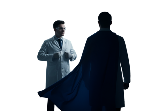 Superhero Doctor Illustration Silhouetted With Blue Cape And Glasses on Black Background