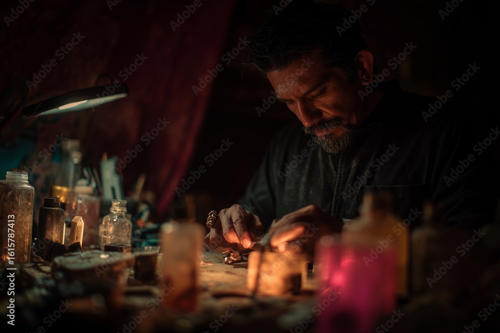 Aufkleber craftsmanship in a dimly lit workshop featuring a focused artisan working with intricate materials a