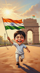 15 august independence day young boy happily running with the indian national flag, india gate landmark in the background, colorful clouds and sun rays, detailed digital illustration