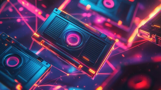 A bunch of speakers with neon lights