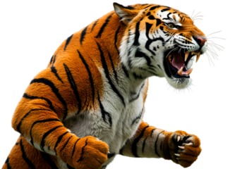 Tiger Roaring Isolated Realistic Photo Showing Orange And Black Fur Against Transparent Background