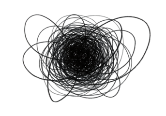 Abstract grayscale tangled lines, chaotic swirling vortex, dark moody background, intricate design element  transparent background