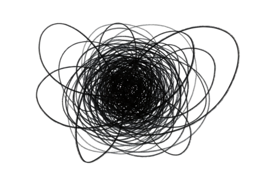 Abstract grayscale tangled lines, chaotic swirling vortex, dark moody background, intricate design element  transparent background
