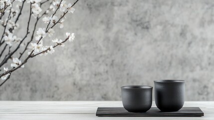 Elegant dark cups with spring flowers