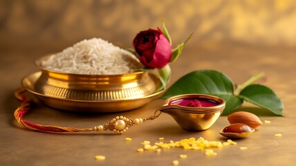 Rakhi celebration with rice, rose, and kumkum on a golden plate