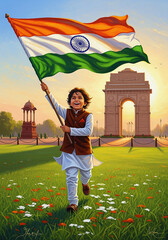 15 august India gate golden horizon of holding a large indian flag in an outdoor setting with a landmark in the background, vibrant colors, digital painting, watercolor, cinematic lighting,  emotional