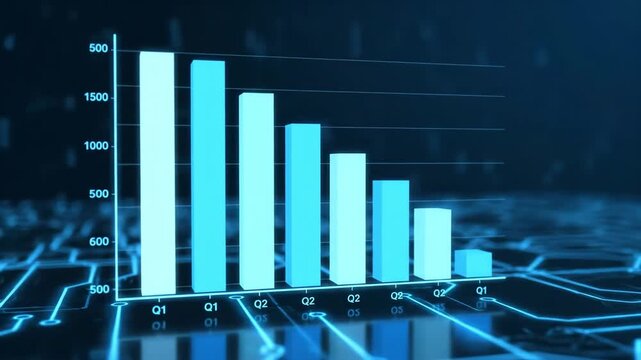 Bar graph showing quarterly data on a futuristic blue background network