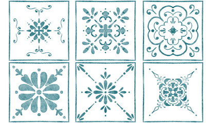 six tiles with blue watercolor patterns