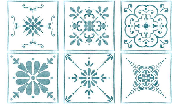 six tiles with blue watercolor patterns