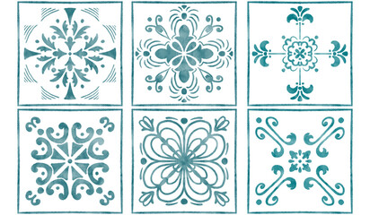 six tiles with blue watercolor patterns
