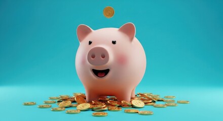 Cute Piggy Bank Filled with Falling Gold Coins Representing Savings and Financial Growth
