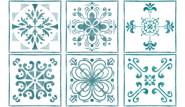 six tiles with blue watercolor patterns