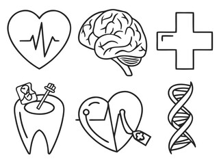 Healthcare Icons: An organized array of detailed healthcare icons, showcasing the essence of health and wellness, and symbolizing key elements of medical science and care.