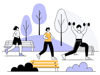 Energetic Fitness in the Park: Illustrations of individuals enjoying diverse fitness activities in a park setting.