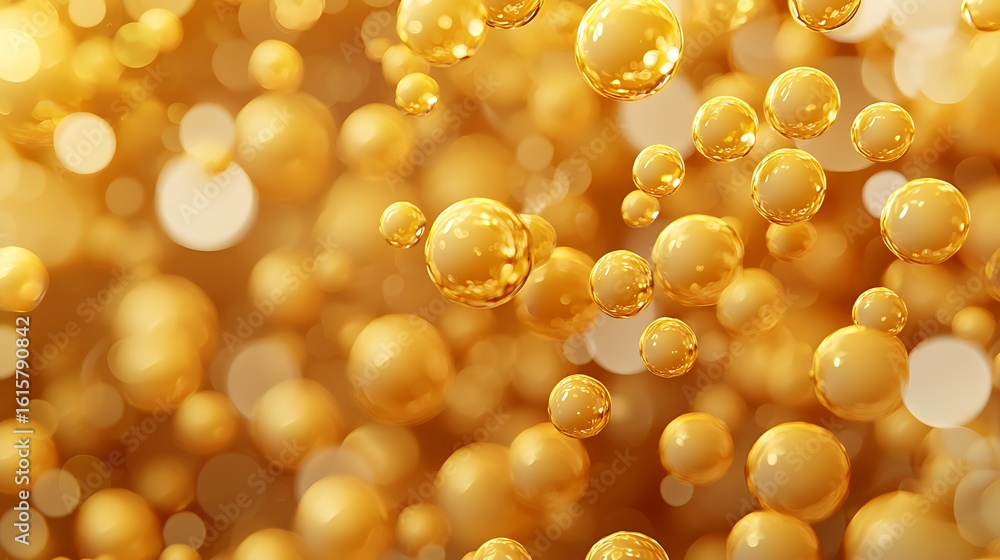 Poster golden spheres float against a blurred warm background, creating a shiny and festive abstract visual
