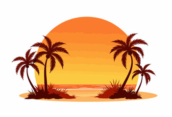 Tropical beach landscape with palm trees and sunset in warm colors  