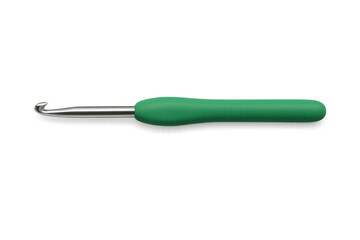 Fototapeta premium Green crochet hook lying horizontally on a transparent background, ready for knitting and crocheting