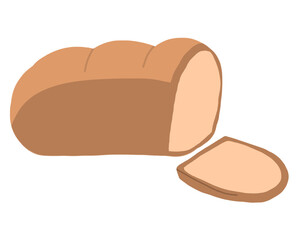 A soft brown loaf of bread with one slice cut, showing the light interior, representing fresh baked goods.
