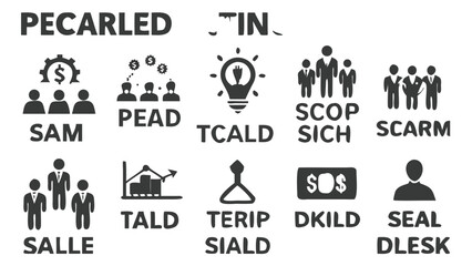 Obraz premium Collection of Business and Finance Related Icons with Text Labels Displaying Company or Department Names in Bold Letters