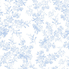 Fototapeta premium Blue Toile Christmas seamless pattern with blooming elements . Illustration