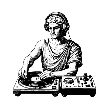Greek god dj sketch engraving black and white outline. Scratch board imitation.  illustrated in vintage line art style on a white background.