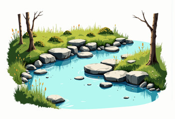 Serene illustration of a clear stream with rocks and grass  