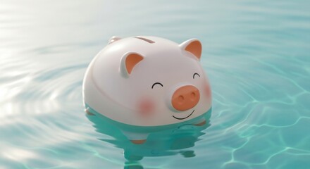 Happy Piggy Bank Floating in Blue Water with Gentle Waves