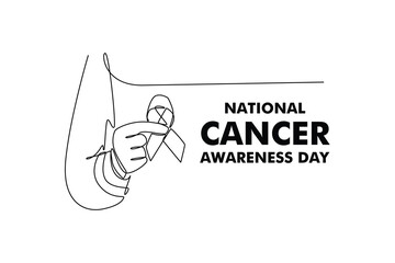 doctor in a white coat hands holding ribbon for supporting people. National cancer concept. Single line draw design. Vector graphic illustration