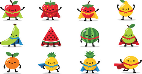 Cartoon superhero fruits isolated on white background, cute colorful characters for kids, playful healthy food illustration perfect for stock media