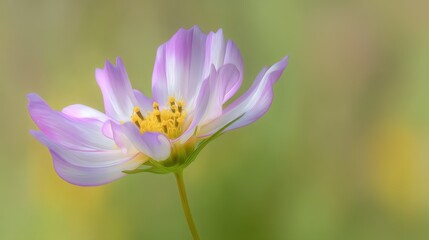 A single cosmos flower with delicate lavender petals, white edges, purple center, green base, slender stem,