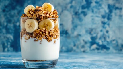 Layered granola yogurt parfait with banana