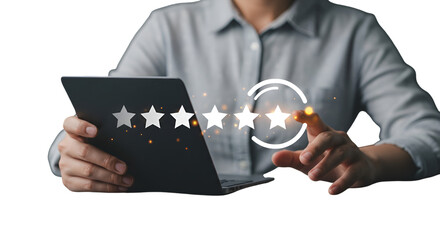 Woman Reviews Online Services with Hand Touching Five Star Rating