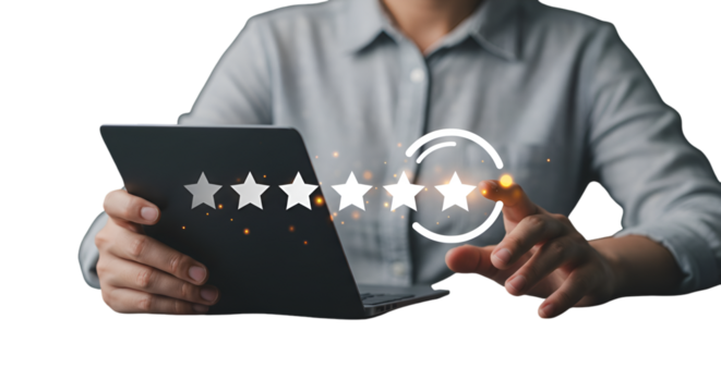 Woman Reviews Online Services with Hand Touching Five Star Rating