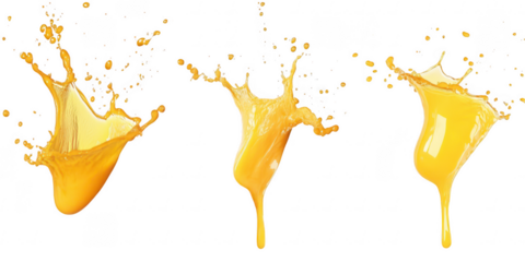 Three splashes of orange liquid on transparent png background