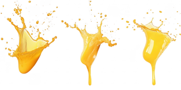 Three splashes of orange liquid on transparent png background