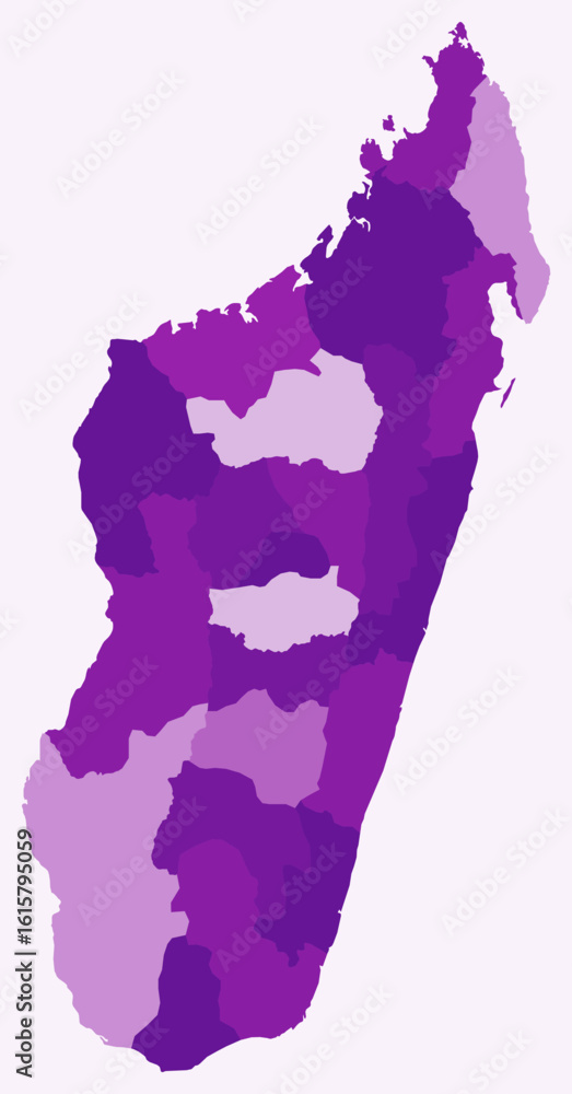 Poster map of madagascar with regions. just a simple country border map with region division. purple color 