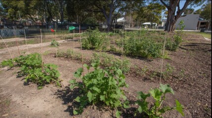 A well-organized urban garden with various plants growing in different sections, segmented plots with climbing plants,