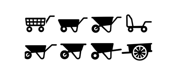 Gardening, landscaping silhouette icon set. wheelbarrow, cart, trolley silhouettes
