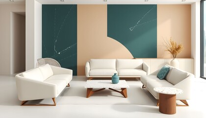 Serene Interior Design: A modern living room design featuring a beige and teal accent wall, three white sofas arranged around a marble coffee table.