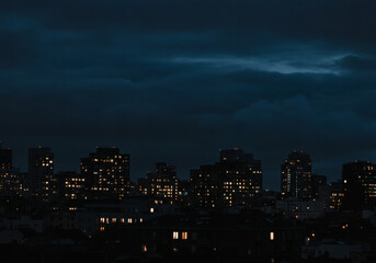 Fototapeta premium City Skyline Dusk Evening Buildings Urban Lights Illuminated Architecture Downtown