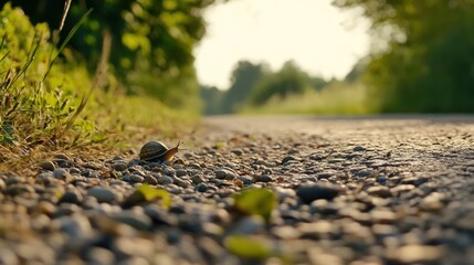 Snail crawling on gravel road