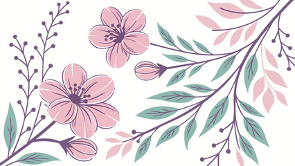 Repeating Hand-Painted Watercolor Background with Cherry Blossom Flowers and Green Leaves