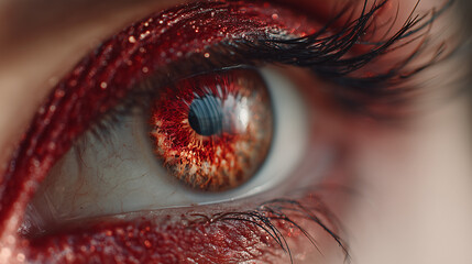 Macro close up of beautiful red eyes and fire reflect in the eye.