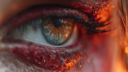 Close up red eyes and fire burning reflect , hot tone.